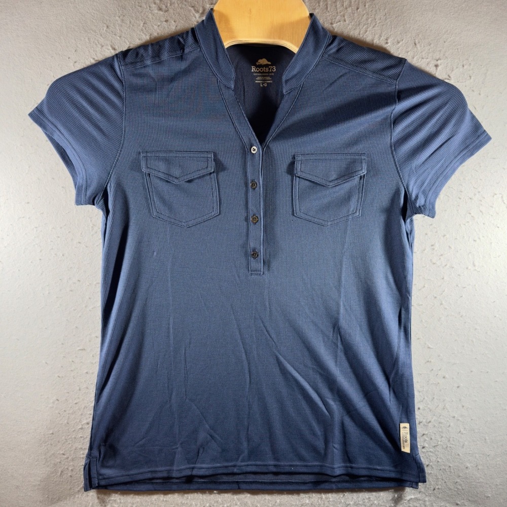 1728 | Roots 73 Waffle Knit Wicking Polo Shirt Navy Blue Womens Large